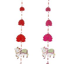 Handmade Wooden Cow and Lotus Wall Hanging for Home Decor - Red, Pink